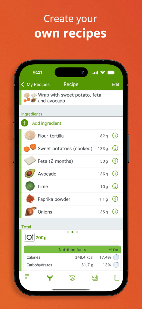 Natural Food Guide app screen showing recipe ingredients and nutrition facts