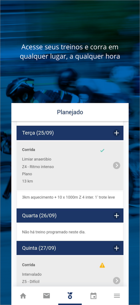 Treinus - Interface do aplicativo Treinus mostrando um cronograma de treino de corrida planejado.