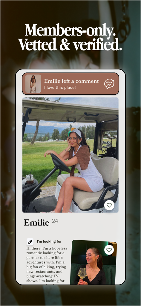 Cuffed: Dating & Relationships - Interface de l'application de rencontres Cuffed affichant le profil d'un membre vérifié avec des photos de style de vie et une biographie personnelle