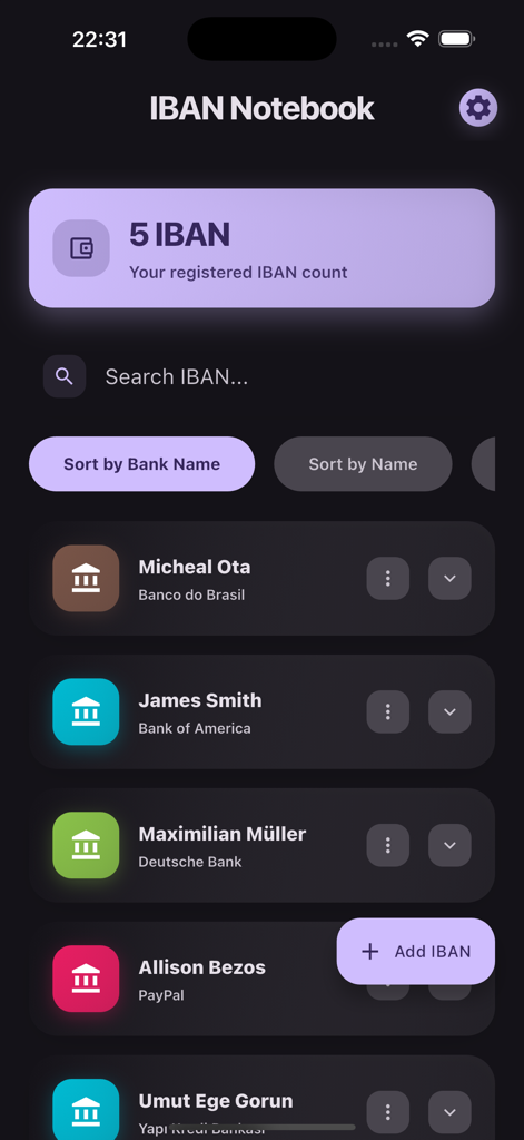 IBAN List - Pantalla de inicio de la aplicación Lista IBAN que muestra información de cuentas bancarias guardadas