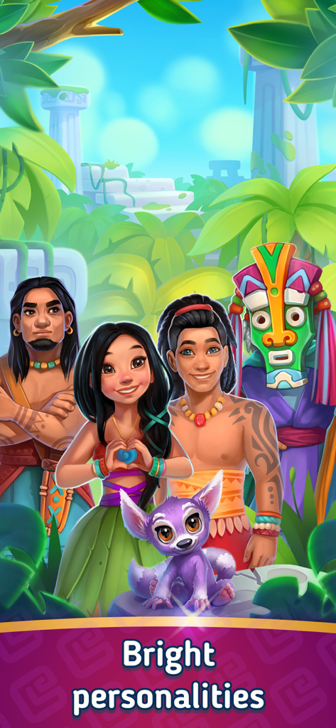 Merge Islanders: Tropical Town - Un grupo de coloridos personajes isleños y una mascota morada en un entorno de jungla tropical