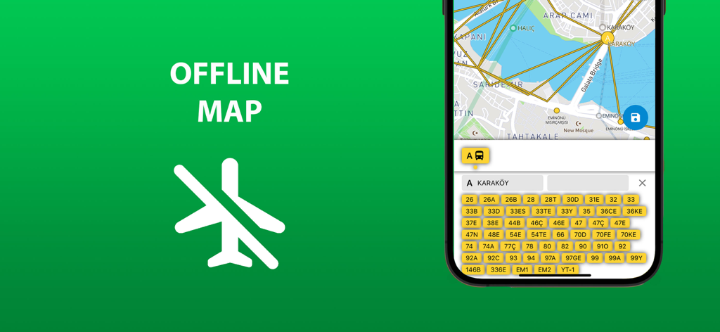 App di trasporto pubblico di Istanbul che visualizza la funzione mappa offline e la selezione del percorso dell'autobus