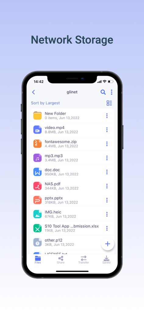 iPhone screen displaying the glinet app network storage interface with a list of files and folders sorted by size