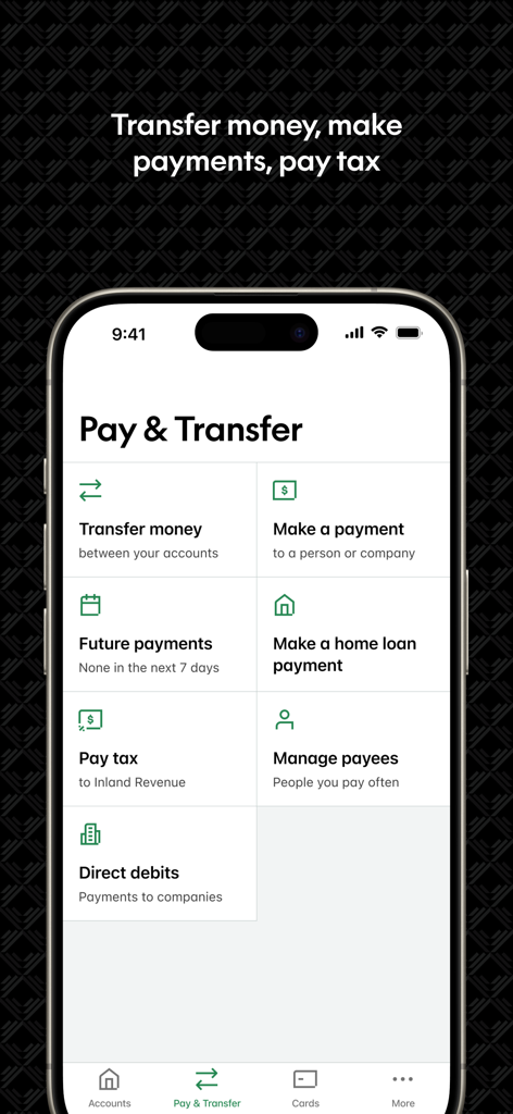 The Pay and Transfer screen of the Kiwibank mobile app showing options for transfers payments and tax
