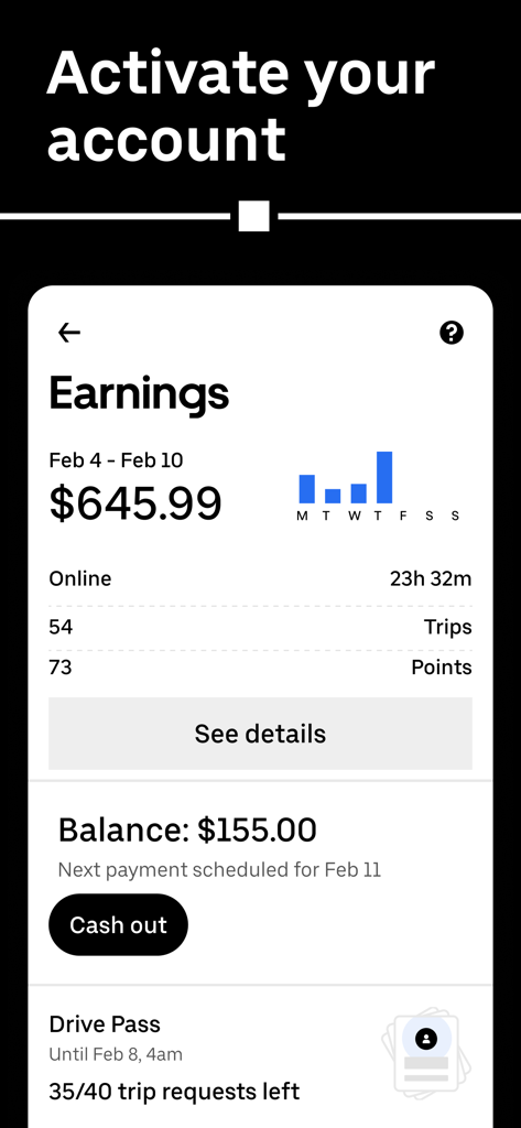 Uber Driver app earnings screen displaying weekly income and cash out balance