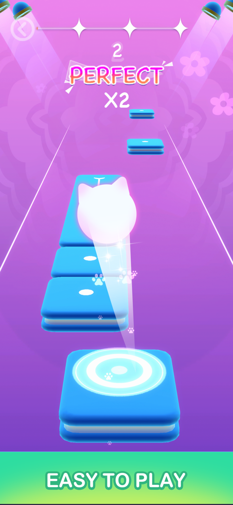 Magic Cats Rush: Music Games - Leuchtende Katze springt auf blauen Musik-Kacheln in einer lila Rhythmusspiel-Umgebung