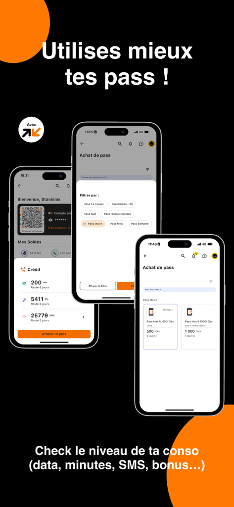 Orange Max it - Côte d'Ivoire - Screenshots of the Orange Max it app showing how to track mobile data usage and purchase data passes