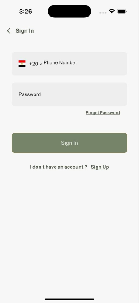 Rawda - Sign in screen for the Rawda Islamic funeral services app with phone number and password fields