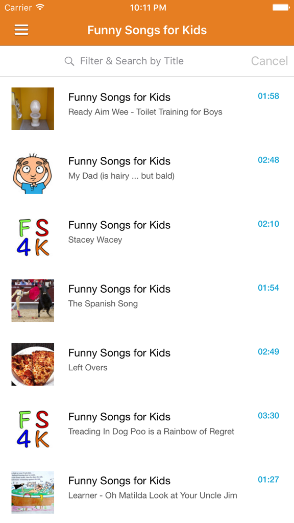 A mobile screen showing a list of funny songs for kids with titles like Toilet Training for Boys and My Dad is Hairy.