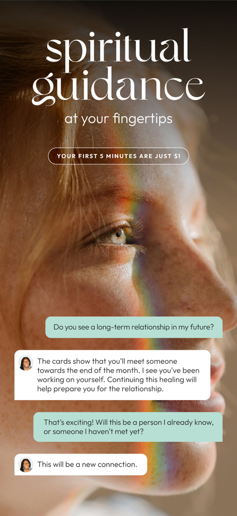 Keen Psychic Reading & Tarot - Psychic reading chat interface showing relationship advice and spiritual guidance on the Keen app.