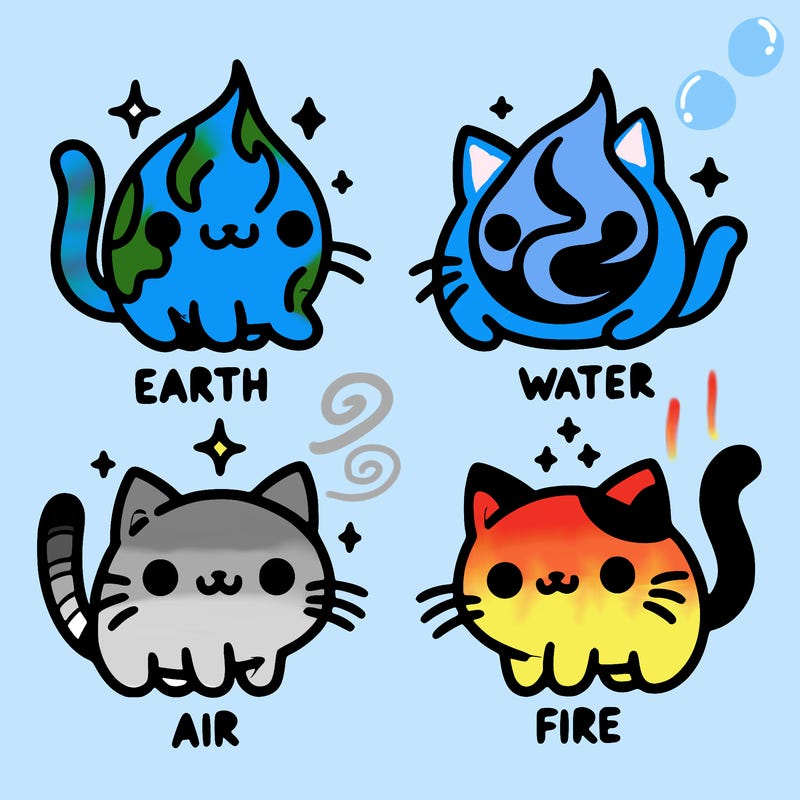 4 cats that represent the different elements, earth, water, air, and fire
