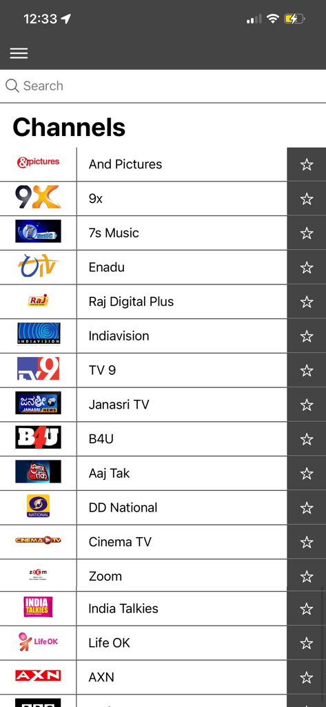 Interface showing a list of Indian TV channels in the TV Program India app