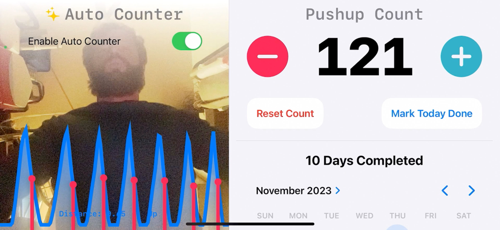 Pushup Counter App - Interface of Pushup Counter App showing AI auto counter camera view and daily rep tracking screen with progress calendar.