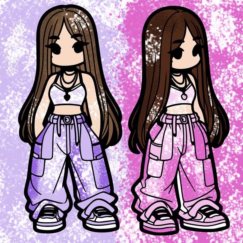 girl in baggy pants crop top and long hair