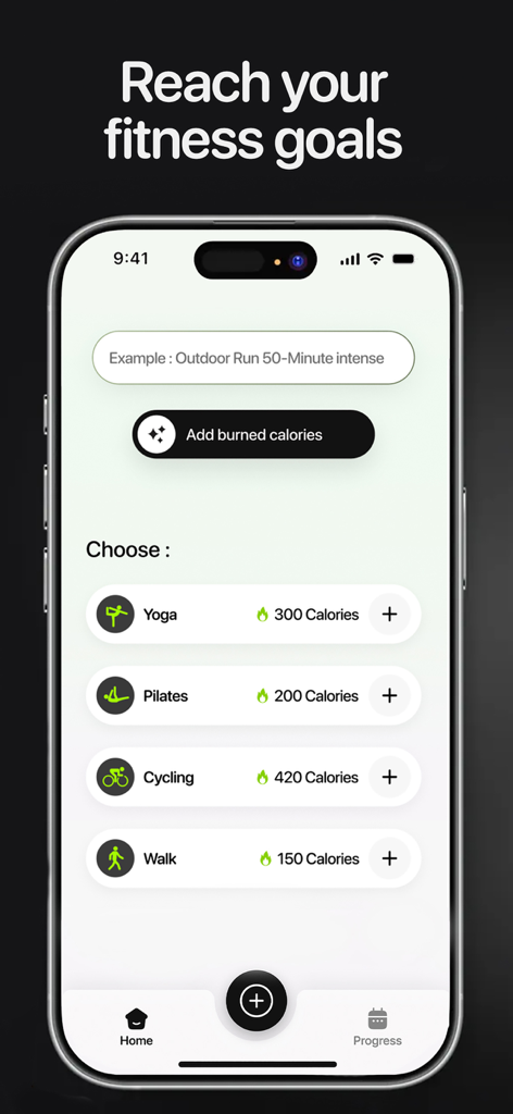 Interface do aplicativo Calorie AI mostrando o rastreamento de calorias queimadas para atividades como ioga, pilates, ciclismo e caminhada.