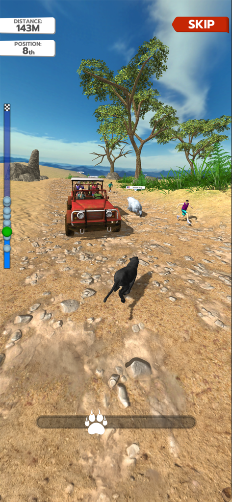 Animal Run: Wild Race - Une panthère noire courant contre des animaux et une jeep sur une piste de safari dans le désert dans Animal Run Wild Race.