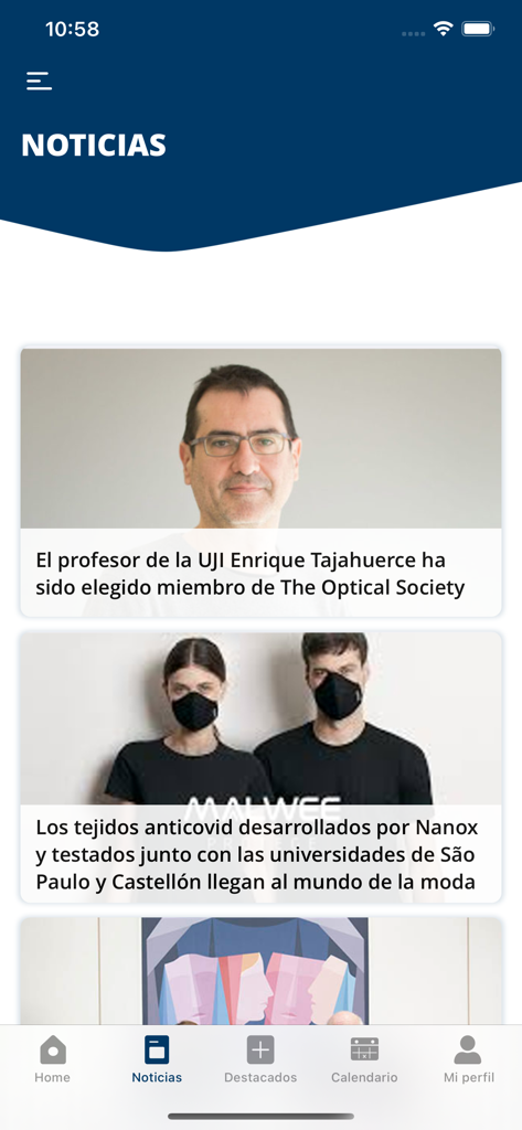 Captura de tela da seção de feed de notícias no aplicativo móvel UJI exibindo atualizações e artigos da universidade