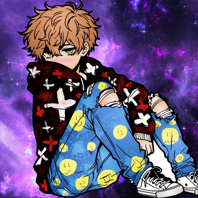 a male hoddie ripped jeans messy hair anime