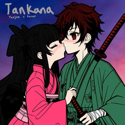 a girl with long hair a ribbon in her hair with a kimono kissing a boy with a kimono and a katana anime style
