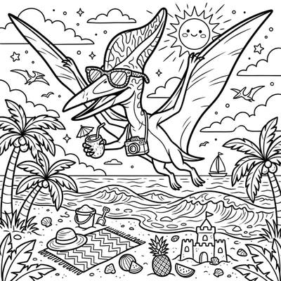 Get ready for a prehistoric summer adventure with this exciting Anhanguera coloring page! This detailed scene captures a cool pterosaur enjoying a sun-drenched beach vacation, perfect for creative teens.