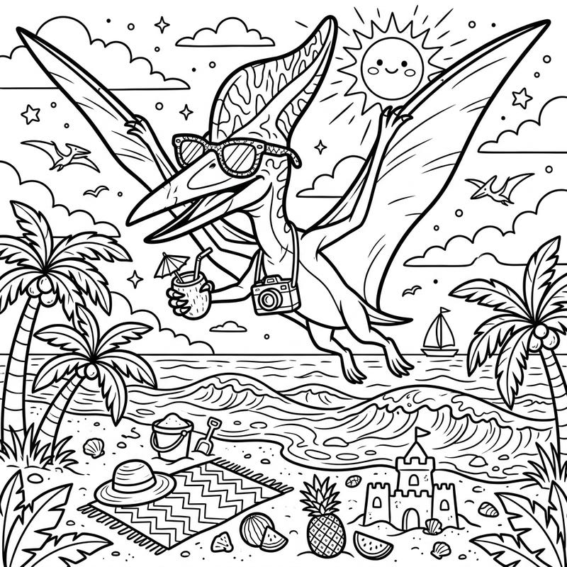 Get ready for a prehistoric summer adventure with this exciting Anhanguera coloring page! This detailed scene captures a cool pterosaur enjoying a sun-drenched beach vacation, perfect for creative teens.