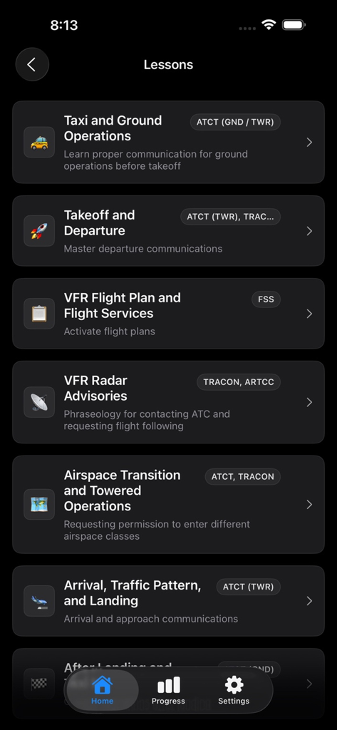 ATC Training: Pilot Comms - Liste des leçons de formation de pilote pour les communications ATC, y compris les opérations au sol et le décollage