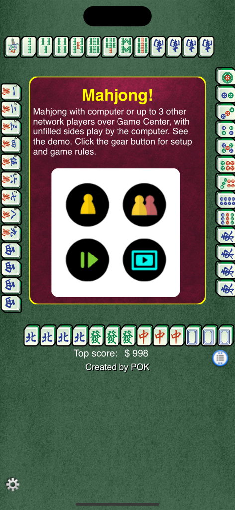 Mahjong! - Main menu screen of the Mahjong app showing single and multiplayer game options surrounded by traditional tiles