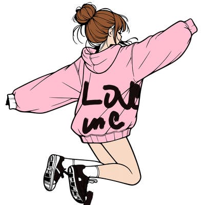 realistic girl jumping with a bun and oversized sweatshirt