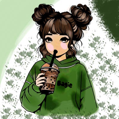 realistic girl with two messy buns, with boba tea drink with a baggie sweatshirt
