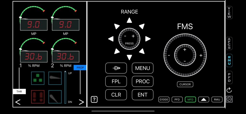 HomeSim - Digital flight simulator interface showing engine instruments and flight management system controls.