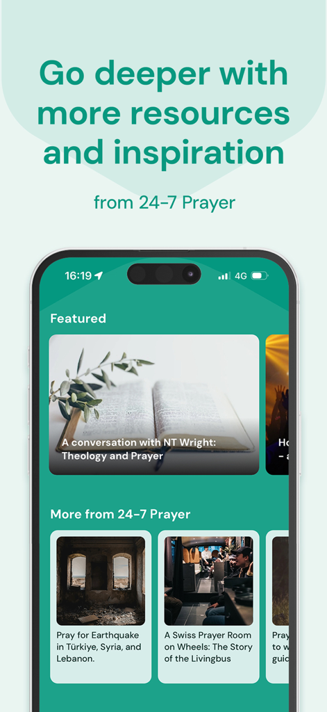 Lectio 365 app interface showing featured prayer resources and topical content from 24-7 Prayer.