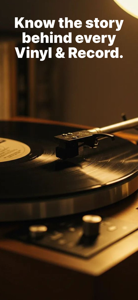 A vinyl record spinning on a turntable under warm lighting with text about discovering the history of records.