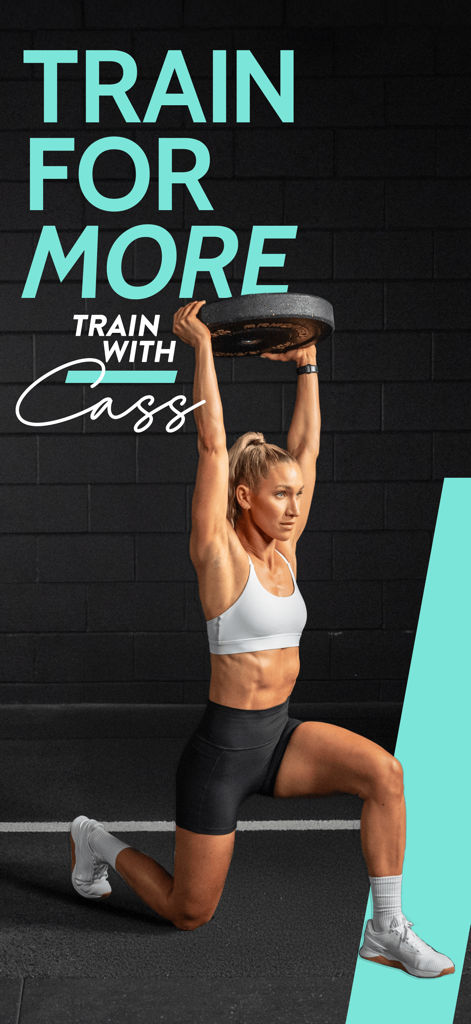 Train With Cass - Cass Olholm performing an overhead lunge with a weight plate