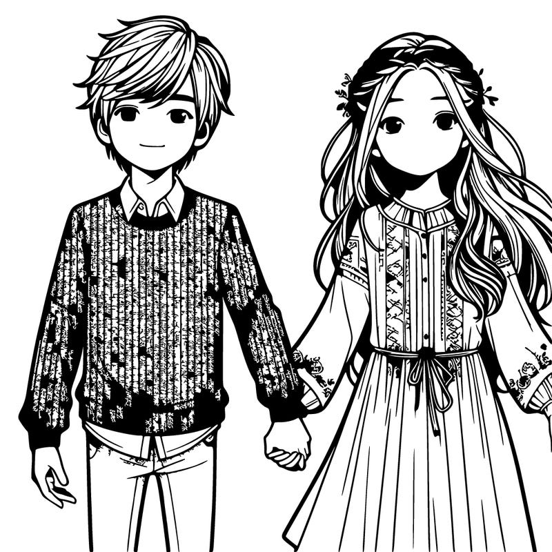 realistic girl with long hair and boy with short hair holding hands