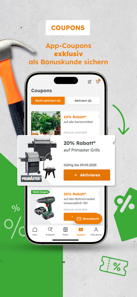 Globus Baumarkt - Pantalla de la aplicación móvil Globus Baumarkt que muestra cupones de descuento exclusivos para artículos de mejora del hogar como parrillas y herramientas eléctricas.