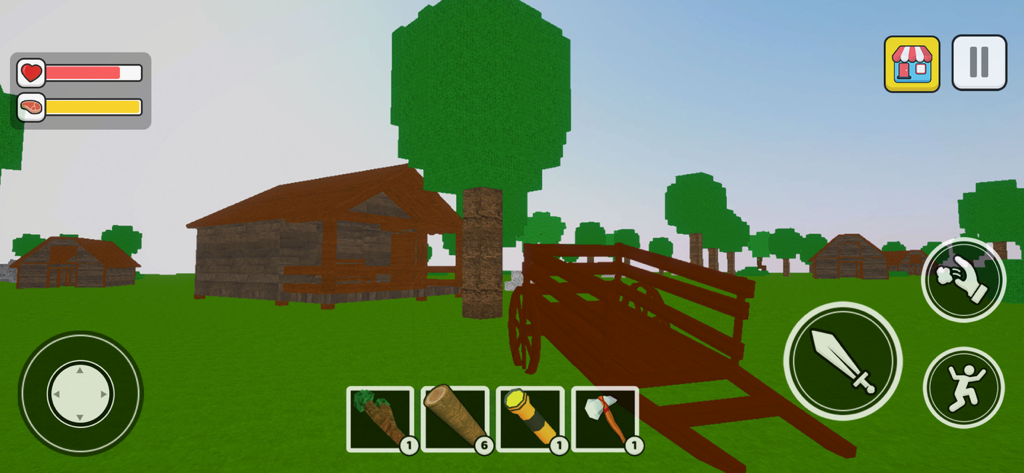 ForForest Nights: Survive it - A 3D gameplay screenshot of ForForest Nights showing a wooden cabin in a low poly forest with a survival inventory at the bottom