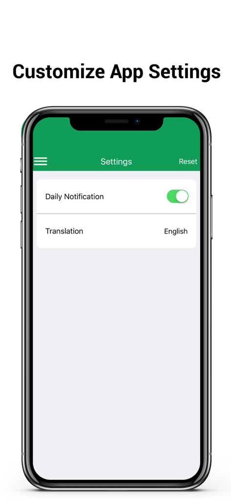 99 Names of Allah SWT - Settings menu of the 99 Names of Allah app showing options for daily notifications and translation selection.
