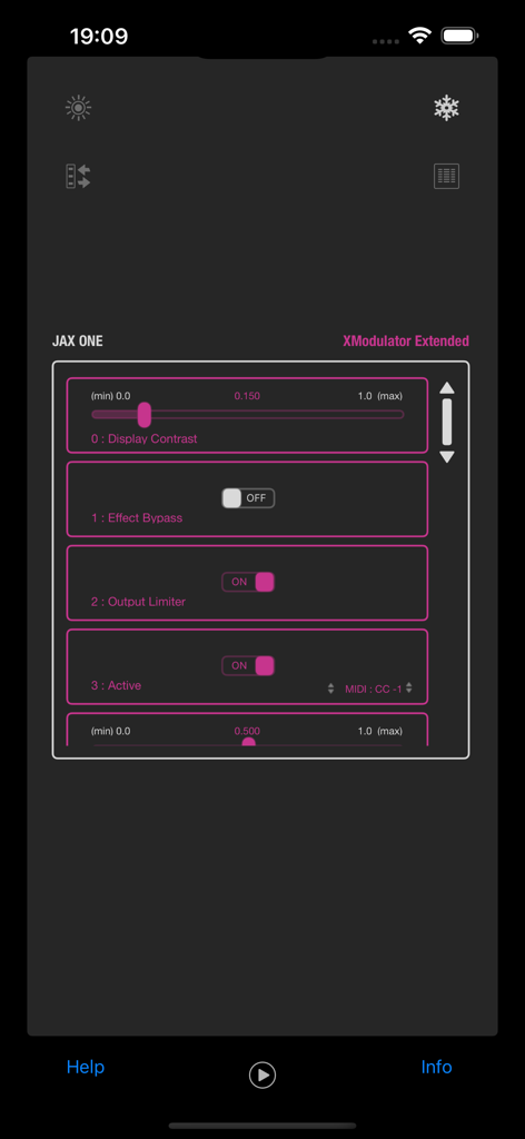 JAX ONE XModulator Extended - Interfaz de la aplicación JAX ONE XModulator Extended que muestra la configuración del efecto de audio y los interruptores de control