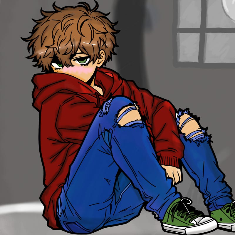 a male hoddie ripped jeans messy hair anime