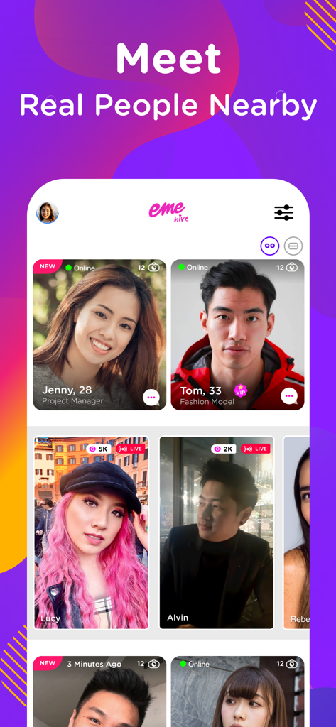 EME Hive - Dating, Go Live - EME Hive mobile app screen showing user profiles and live stream sessions