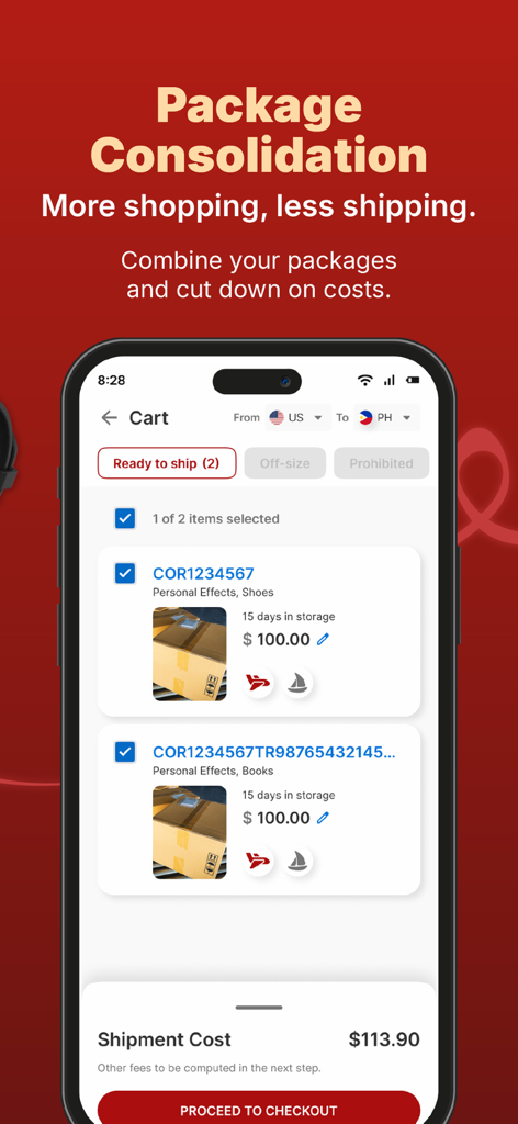 ShippingCart mobile app interface showing package consolidation for shipping from USA to Philippines