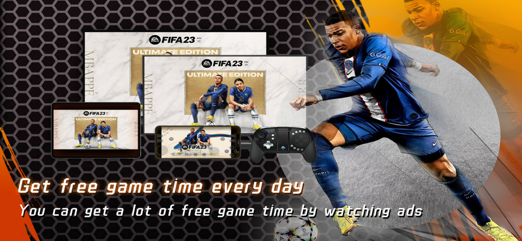 Um banner promocional para jogos em nuvem Netboom mostrando FIFA 23 em vários dispositivos móveis e um controle com uma oferta de tempo de jogo gratuito.