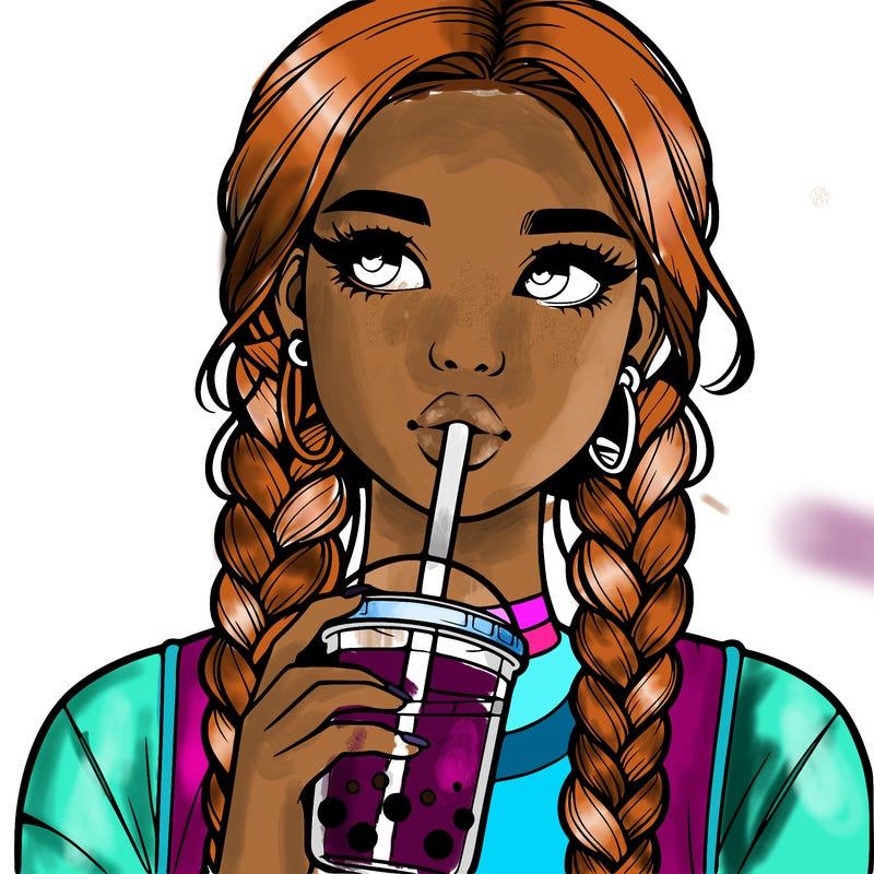 realistic girl with braided hair drinking boba