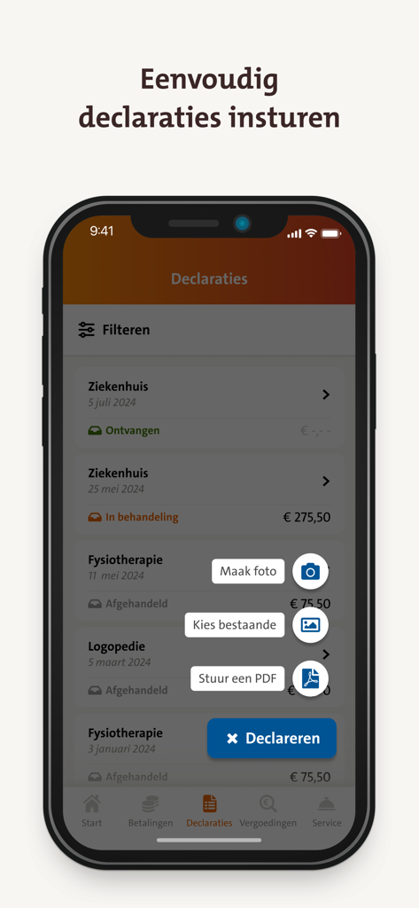 Pantalla de la aplicación CZ declareren que muestra el historial de reclamaciones de seguros médicos y las opciones del menú de envío.