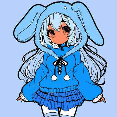 pretty anime girl wearing a fluffy hoodie with bunny ears on the hood and a skirt