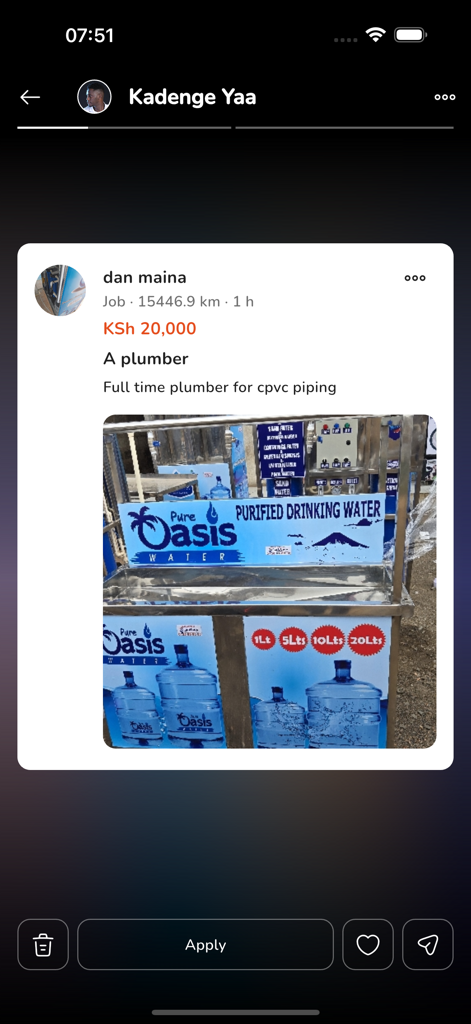 A plumber job posting on the Nikela community marketplace app