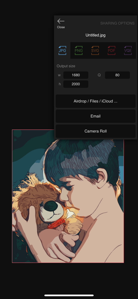 Vector Q by Imaengine - Vector Q app export menu showing SVG and PDF format options for a vectorized portrait