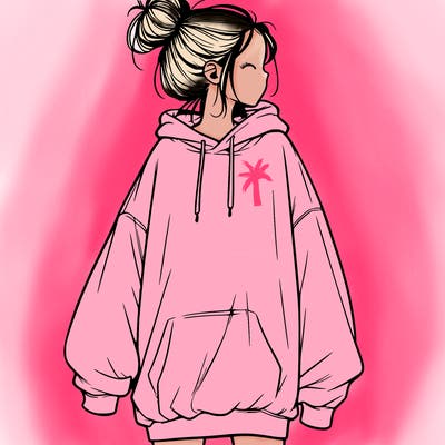 realistic girl with a oversized sweatshirt on and a bun
