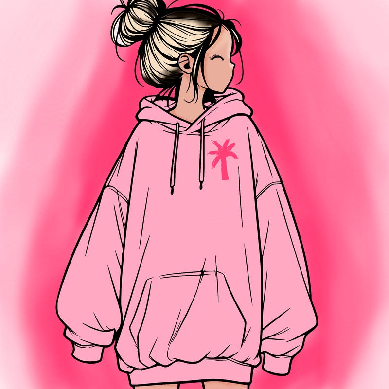 realistic girl with a oversized sweatshirt on and a bun