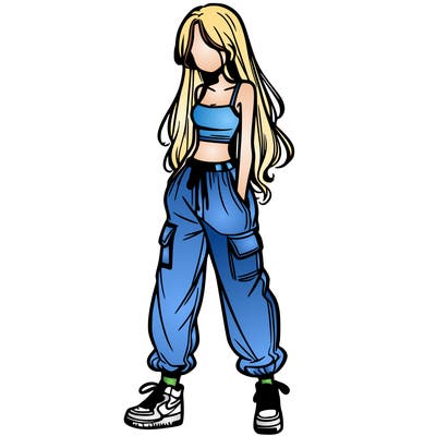 girl in baggy pants crop top and long hair